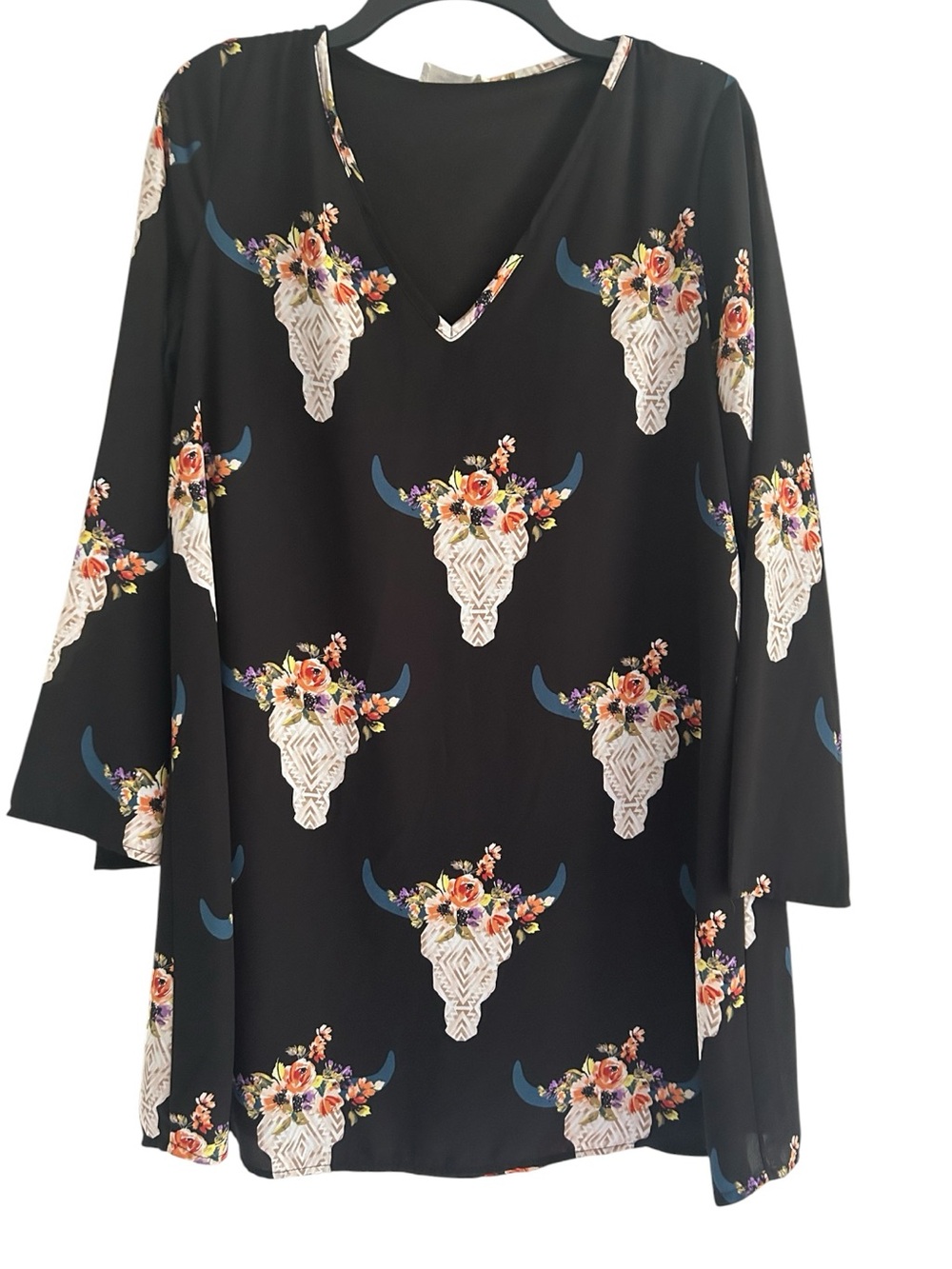 Peach Love California Floral Cow Skull V-Neck Boho Tunic Dress - Size Medium